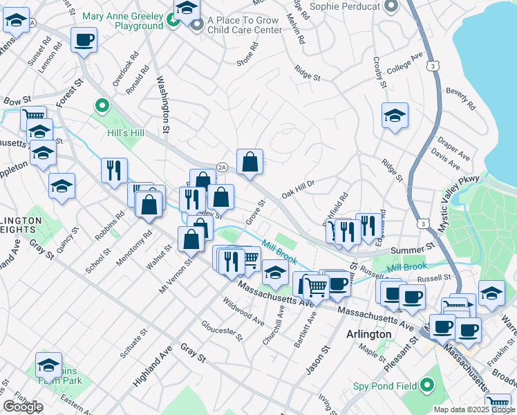 map of restaurants, bars, coffee shops, grocery stores, and more near 68 Grove Street in Arlington