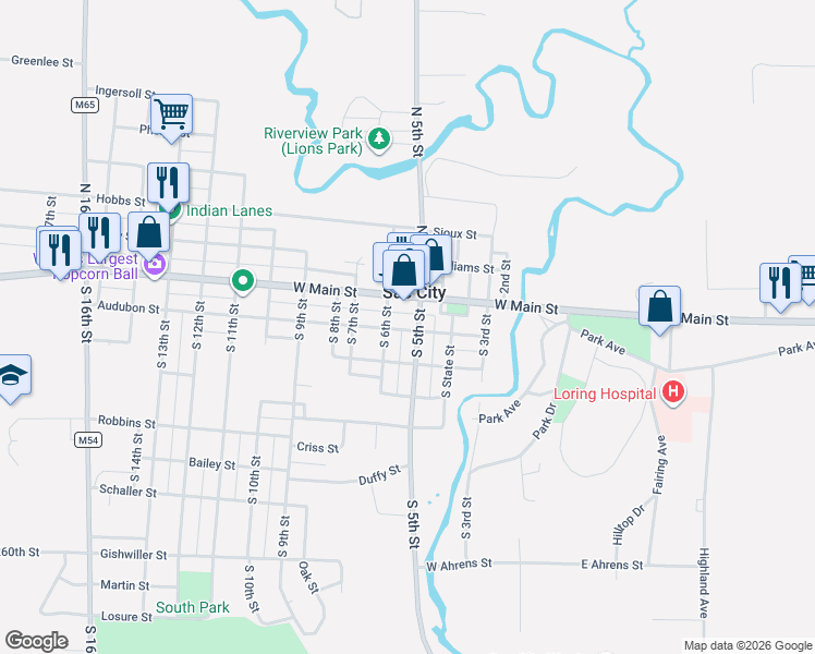 map of restaurants, bars, coffee shops, grocery stores, and more near 101 South 6th Street in Sac City
