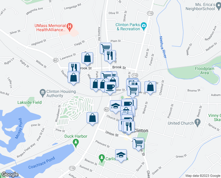 map of restaurants, bars, coffee shops, grocery stores, and more near 1 Sterling Street in Clinton