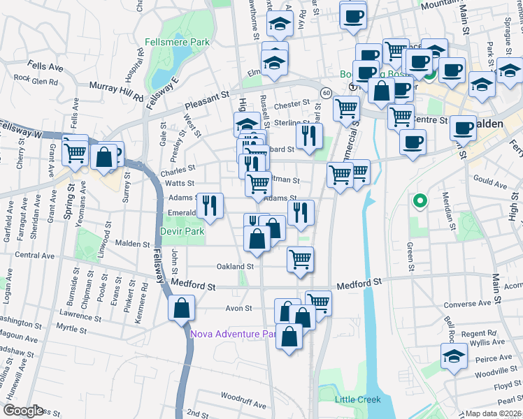 map of restaurants, bars, coffee shops, grocery stores, and more near 217 Highland Avenue in Malden