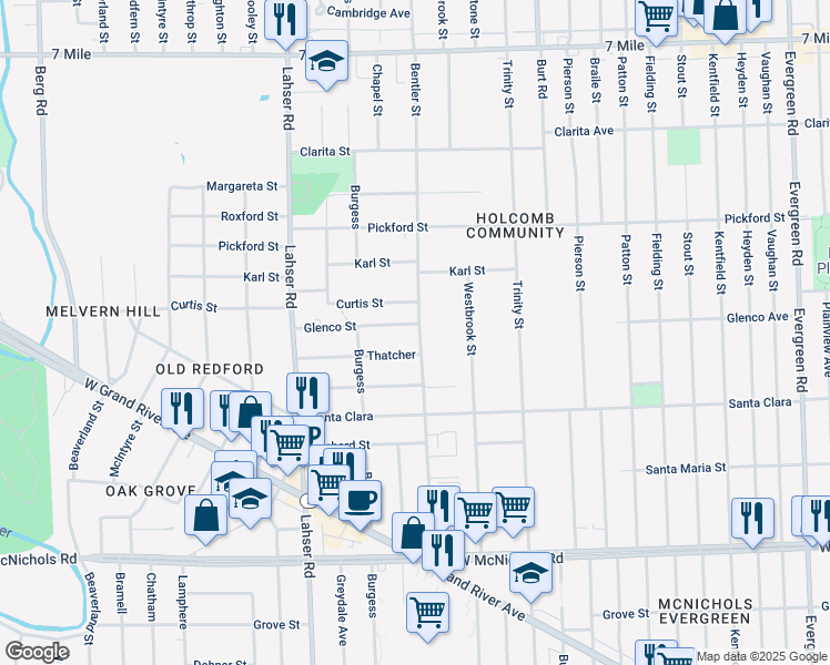 map of restaurants, bars, coffee shops, grocery stores, and more near 18043 Bentler Street in Detroit