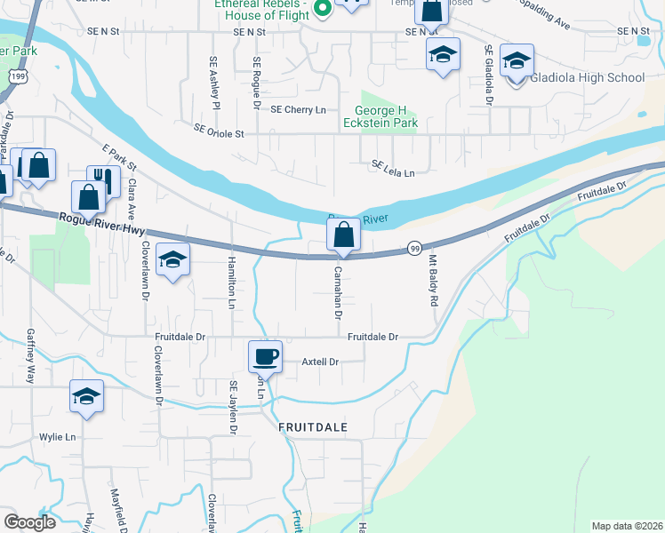 map of restaurants, bars, coffee shops, grocery stores, and more near 1745 Rogue River Highway in Grants Pass