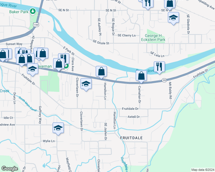 map of restaurants, bars, coffee shops, grocery stores, and more near 1510 Hamilton Lane in Grants Pass