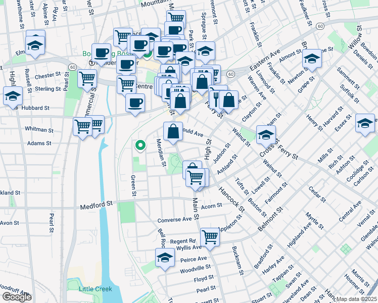 map of restaurants, bars, coffee shops, grocery stores, and more near 30 Barrett Street in Malden