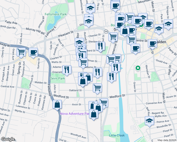 map of restaurants, bars, coffee shops, grocery stores, and more near 72 Adams Street in Malden