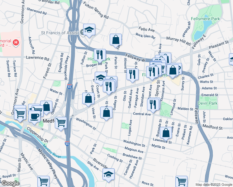 map of restaurants, bars, coffee shops, grocery stores, and more near 325 Salem Street in Medford