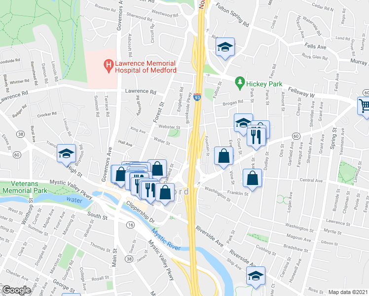 map of restaurants, bars, coffee shops, grocery stores, and more near 50 Water Street in Medford