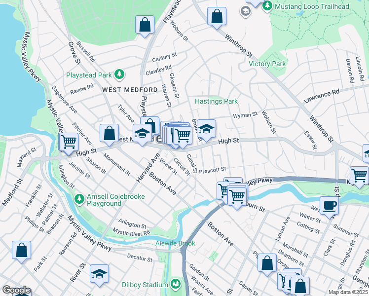 map of restaurants, bars, coffee shops, grocery stores, and more near 10 Warren Street in Medford