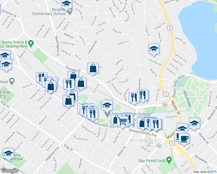 map of restaurants, bars, coffee shops, grocery stores, and more near 7 Oak Hill Drive in Arlington