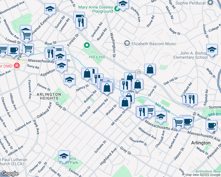 map of restaurants, bars, coffee shops, grocery stores, and more near 22 Brattle Street in Arlington