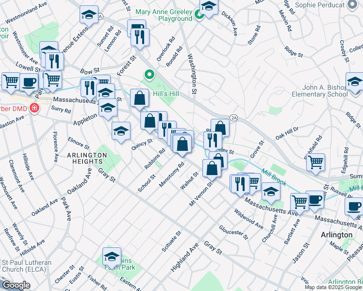 map of restaurants, bars, coffee shops, grocery stores, and more near 26 Laurel Street in Arlington