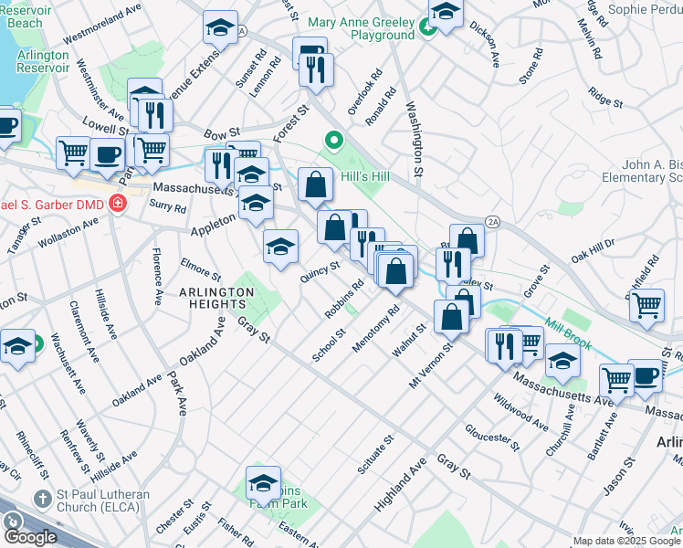 map of restaurants, bars, coffee shops, grocery stores, and more near 1098 Massachusetts Avenue in Arlington