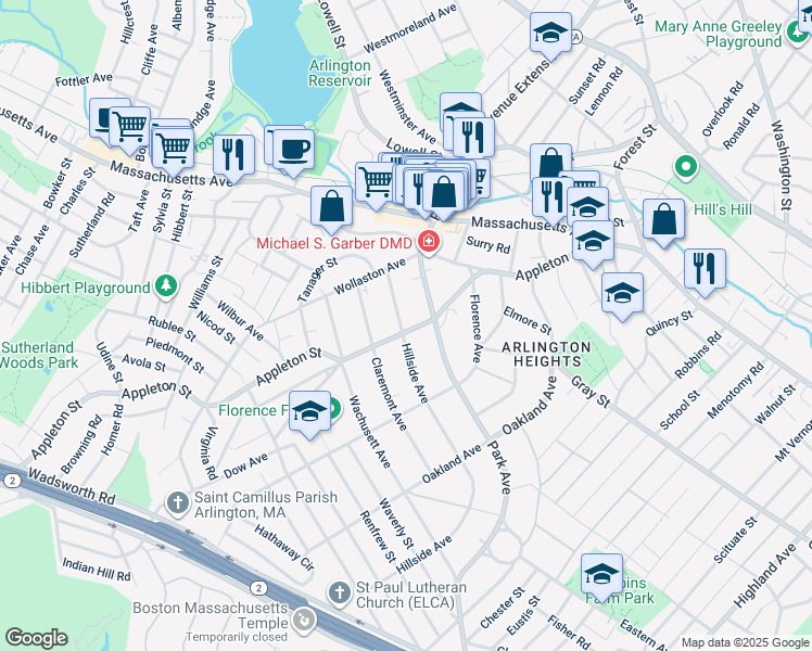 map of restaurants, bars, coffee shops, grocery stores, and more near 28 Hillside Avenue in Arlington