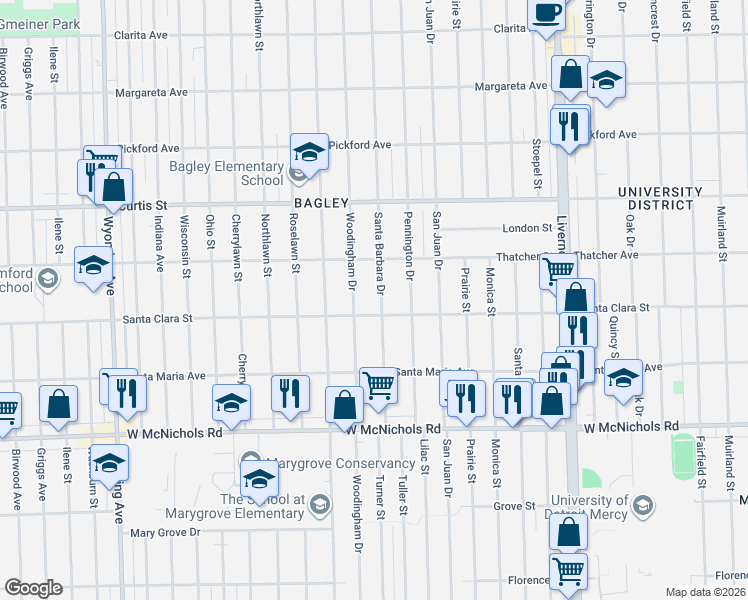 map of restaurants, bars, coffee shops, grocery stores, and more near 17545 Santa Barbara Drive in Detroit