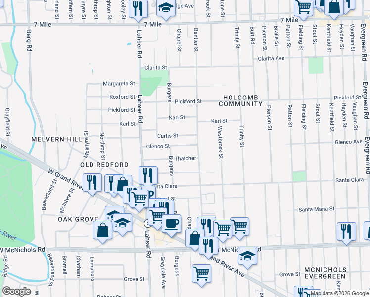 map of restaurants, bars, coffee shops, grocery stores, and more near 21467 Glenco Street in Detroit
