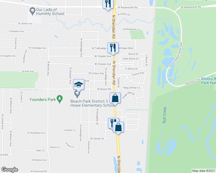 map of restaurants, bars, coffee shops, grocery stores, and more near 38546 North Sheridan Road in Beach Park