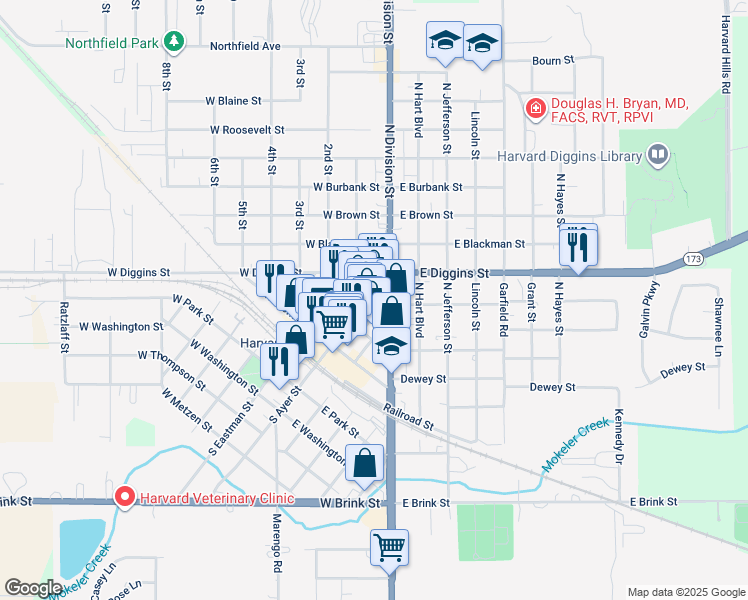 map of restaurants, bars, coffee shops, grocery stores, and more near in Harvard