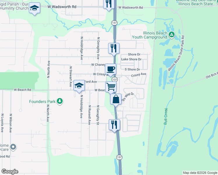 map of restaurants, bars, coffee shops, grocery stores, and more near 38546 North Sheridan Road in Beach Park