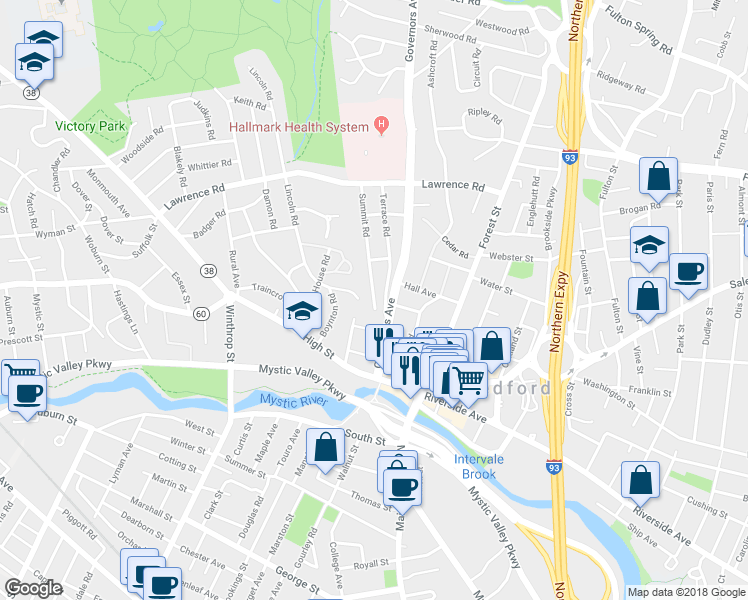 map of restaurants, bars, coffee shops, grocery stores, and more near 5 Summit Road in Medford