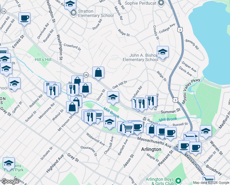 map of restaurants, bars, coffee shops, grocery stores, and more near 7 Oak Hill Drive in Arlington