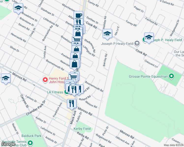 map of restaurants, bars, coffee shops, grocery stores, and more near 474 Bournemouth Circle in Grosse Pointe Farms