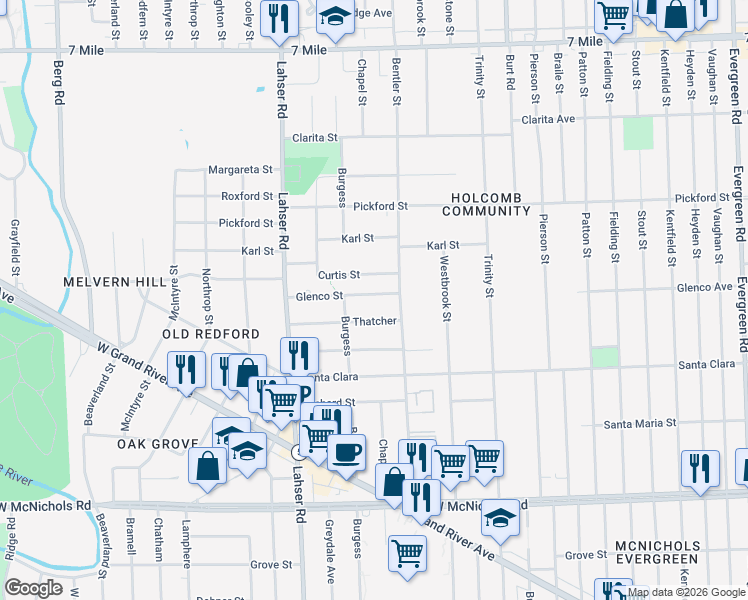 map of restaurants, bars, coffee shops, grocery stores, and more near 21467 Glenco Street in Detroit