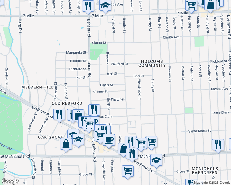 map of restaurants, bars, coffee shops, grocery stores, and more near 21467 Glenco Street in Detroit