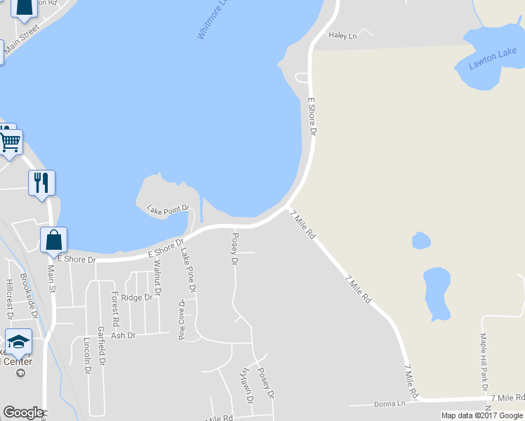 map of restaurants, bars, coffee shops, grocery stores, and more near 365 East Shore Drive in Whitmore Lake