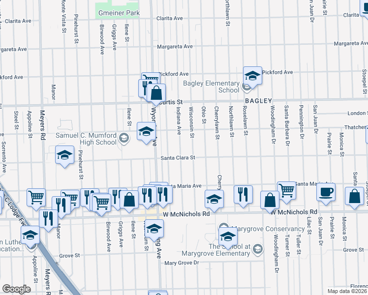 map of restaurants, bars, coffee shops, grocery stores, and more near 17565 Indiana Street in Detroit