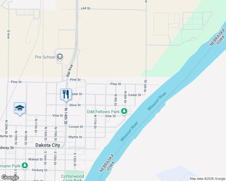 map of restaurants, bars, coffee shops, grocery stores, and more near 900-998 Pine Street in Dakota City