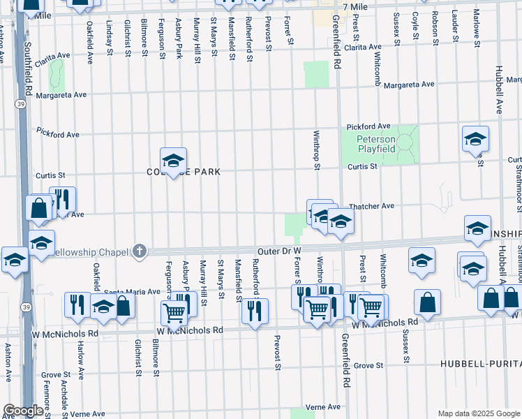 map of restaurants, bars, coffee shops, grocery stores, and more near 18019 Rutherford Street in Detroit