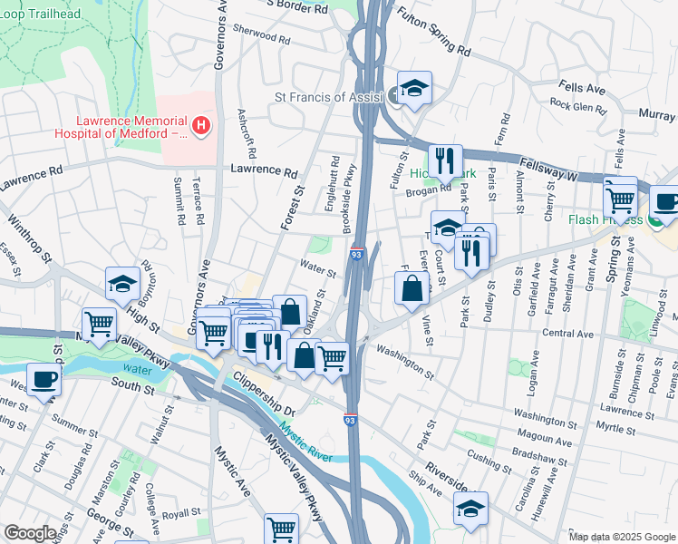 map of restaurants, bars, coffee shops, grocery stores, and more near 50 Water Street in Medford