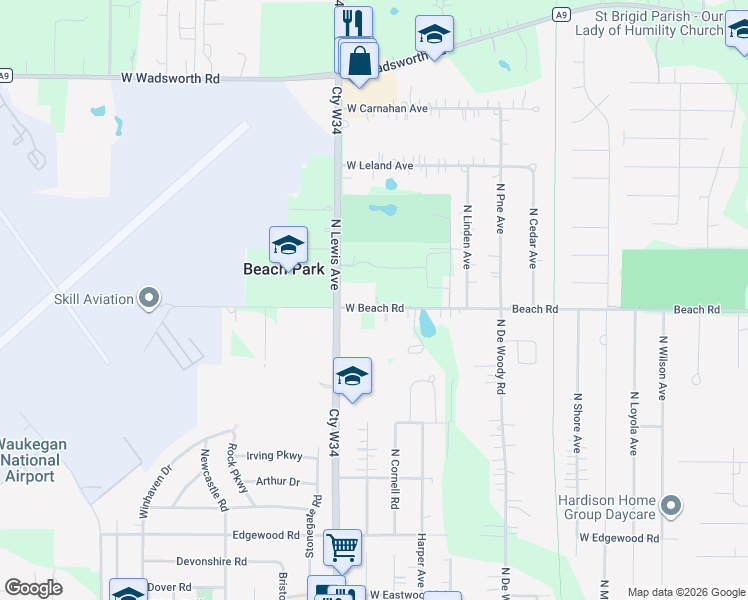 map of restaurants, bars, coffee shops, grocery stores, and more near 1744 West Beach Road in Waukegan
