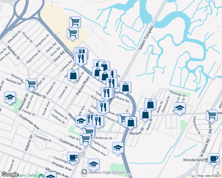 map of restaurants, bars, coffee shops, grocery stores, and more near 30 Squire Road in Revere