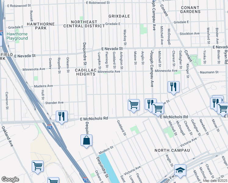 map of restaurants, bars, coffee shops, grocery stores, and more near 17432 Fleming Street in Detroit