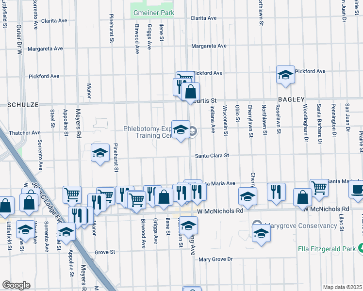 map of restaurants, bars, coffee shops, grocery stores, and more near 17525 Wyoming Avenue in Detroit