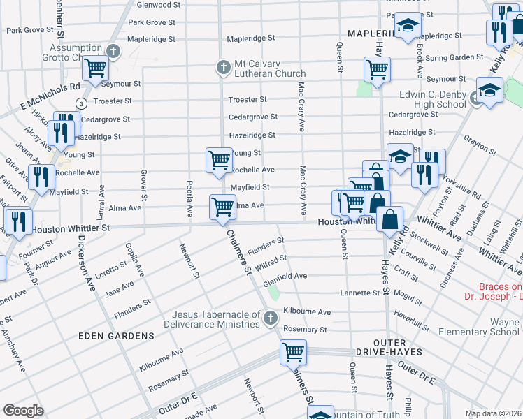 map of restaurants, bars, coffee shops, grocery stores, and more near 14514 Alma Avenue in Detroit