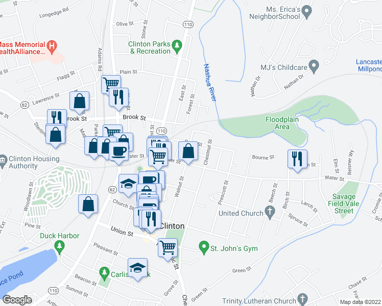 map of restaurants, bars, coffee shops, grocery stores, and more near 5 Leighton Avenue in Clinton