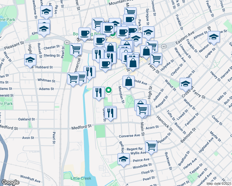 map of restaurants, bars, coffee shops, grocery stores, and more near 29 Meridian Street in Malden