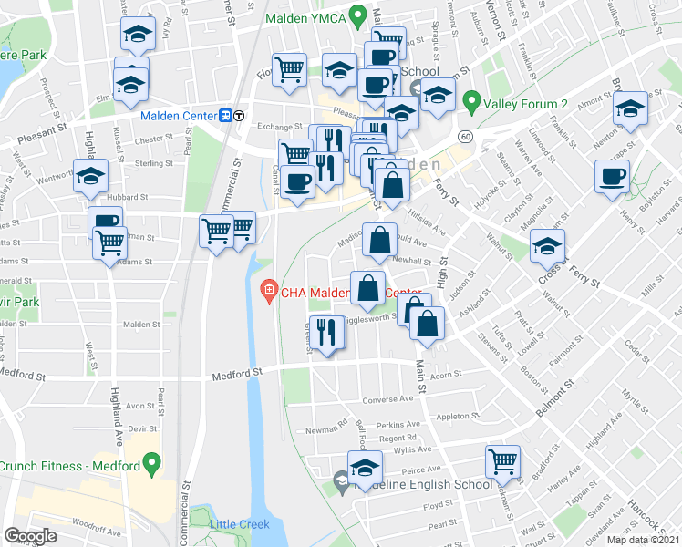 map of restaurants, bars, coffee shops, grocery stores, and more near 29 Meridian Street in Malden