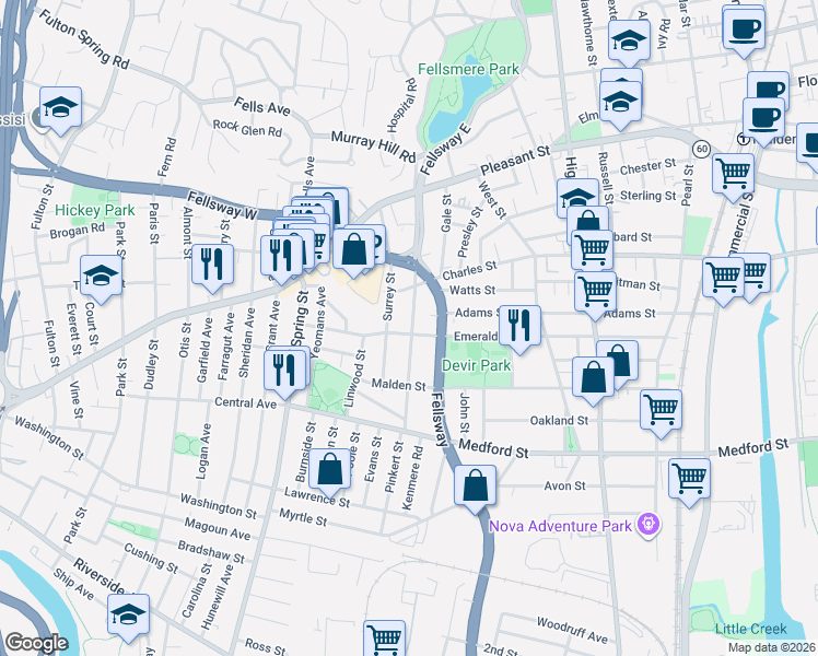 map of restaurants, bars, coffee shops, grocery stores, and more near 107 Surrey Street in Medford