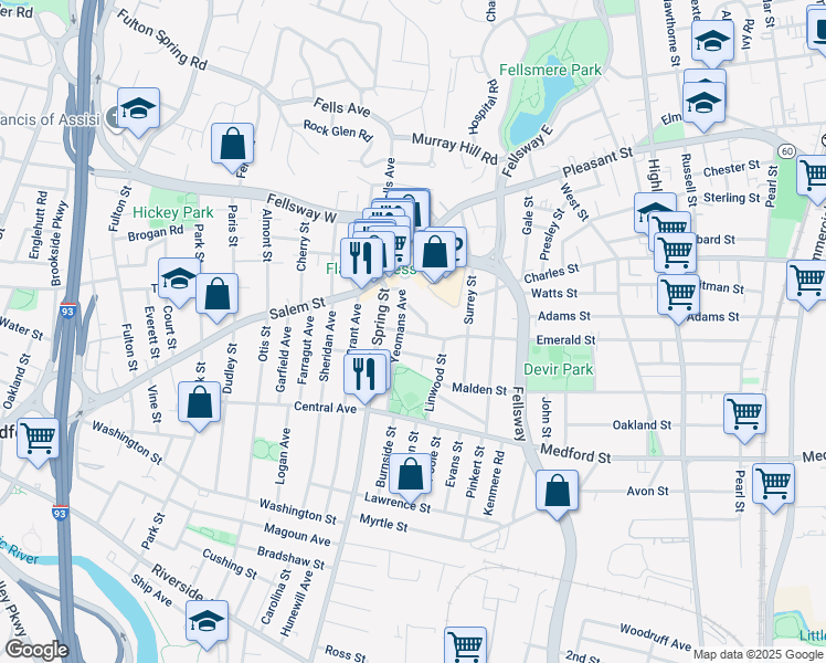 map of restaurants, bars, coffee shops, grocery stores, and more near 16 Emerald Street in Medford