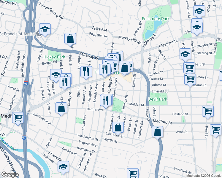 map of restaurants, bars, coffee shops, grocery stores, and more near 16 Emerald Street in Medford
