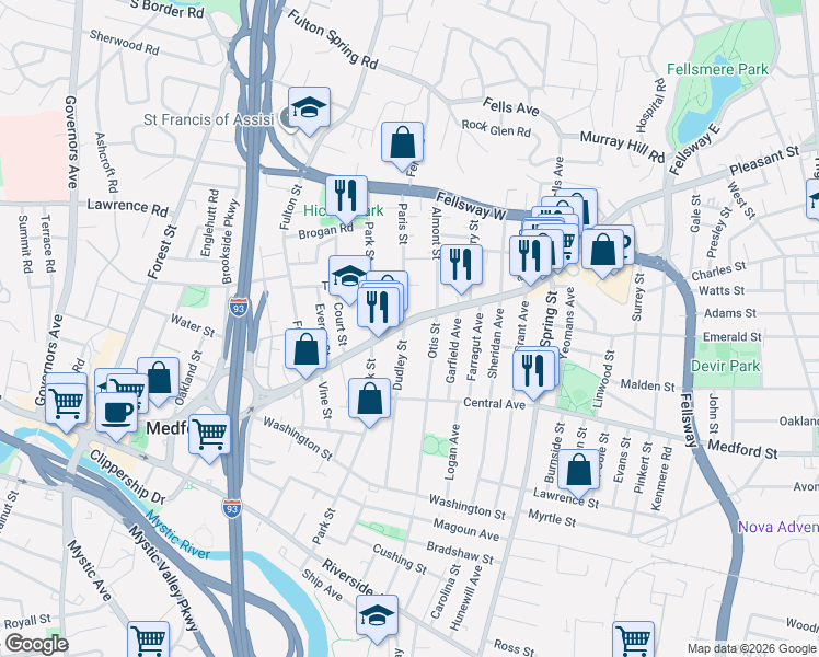 map of restaurants, bars, coffee shops, grocery stores, and more near 325 Salem Street in Medford