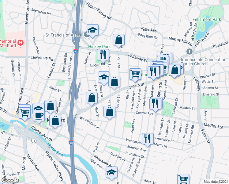 map of restaurants, bars, coffee shops, grocery stores, and more near 213 Park Street in Medford