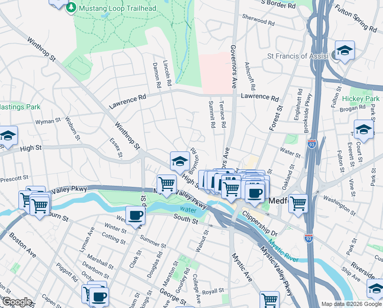 map of restaurants, bars, coffee shops, grocery stores, and more near 59 Boynton Road in Medford