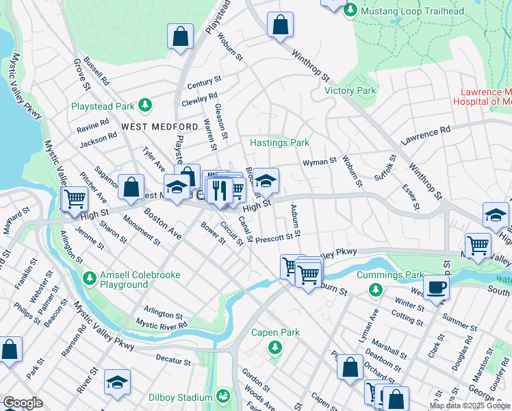 map of restaurants, bars, coffee shops, grocery stores, and more near 411 High Street in Medford
