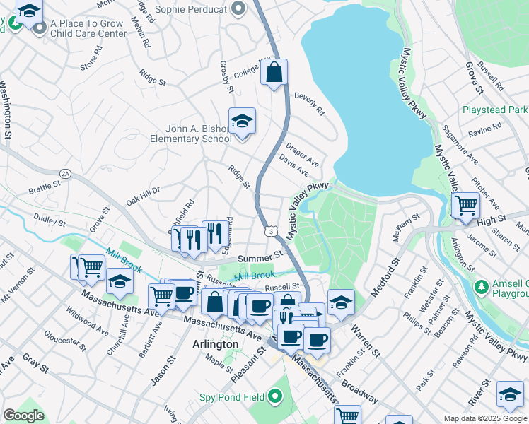 map of restaurants, bars, coffee shops, grocery stores, and more near 182 Mystic Street in Arlington