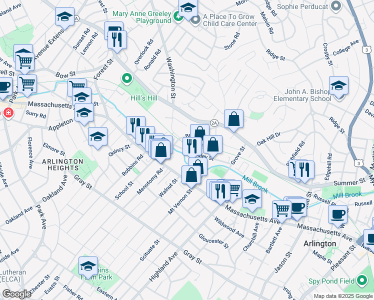 map of restaurants, bars, coffee shops, grocery stores, and more near 61 Dudley Street in Arlington