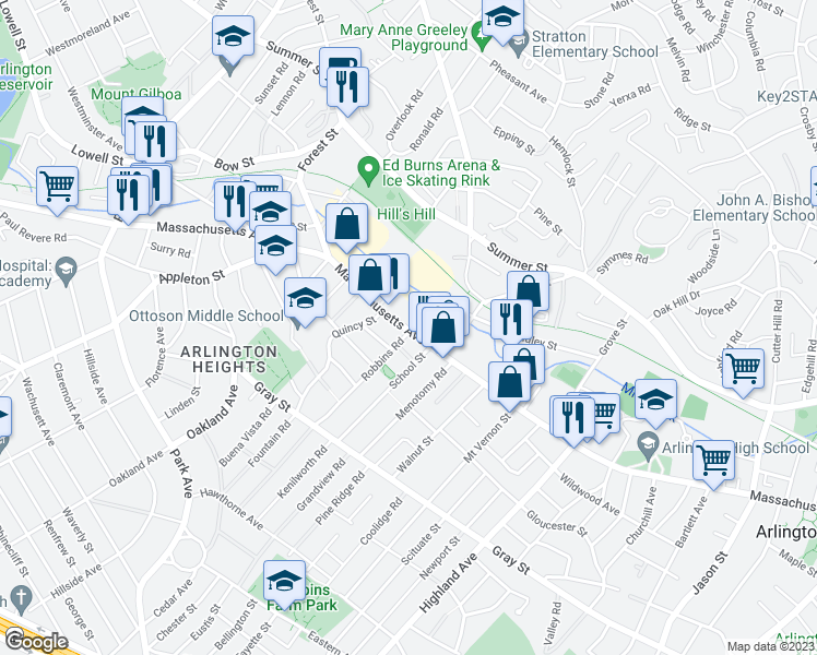 map of restaurants, bars, coffee shops, grocery stores, and more near 1098 Massachusetts Avenue in Arlington